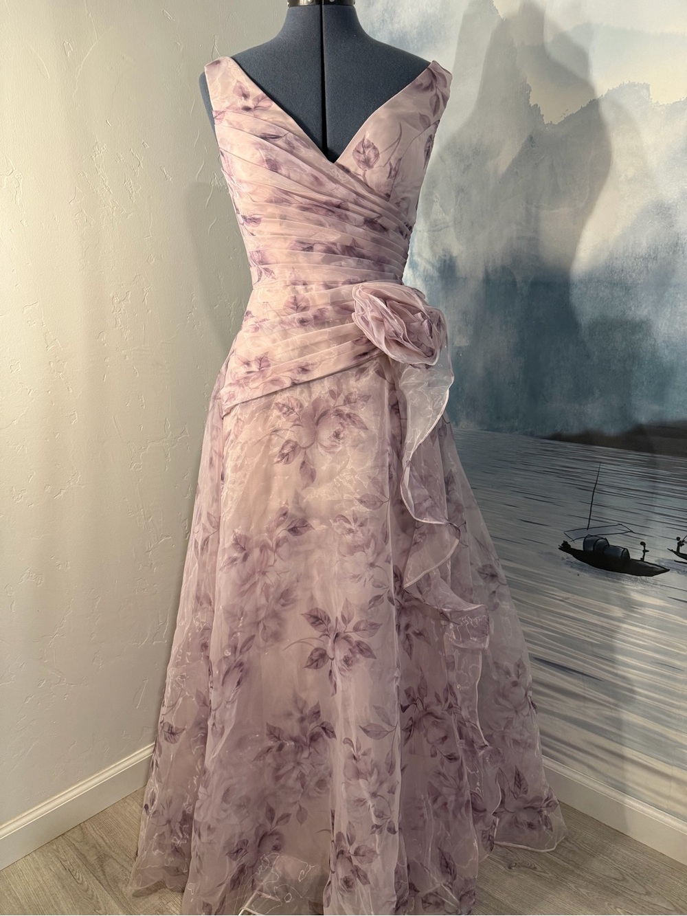 Elegant Lavender Floral V-Neck Evening Dress 226